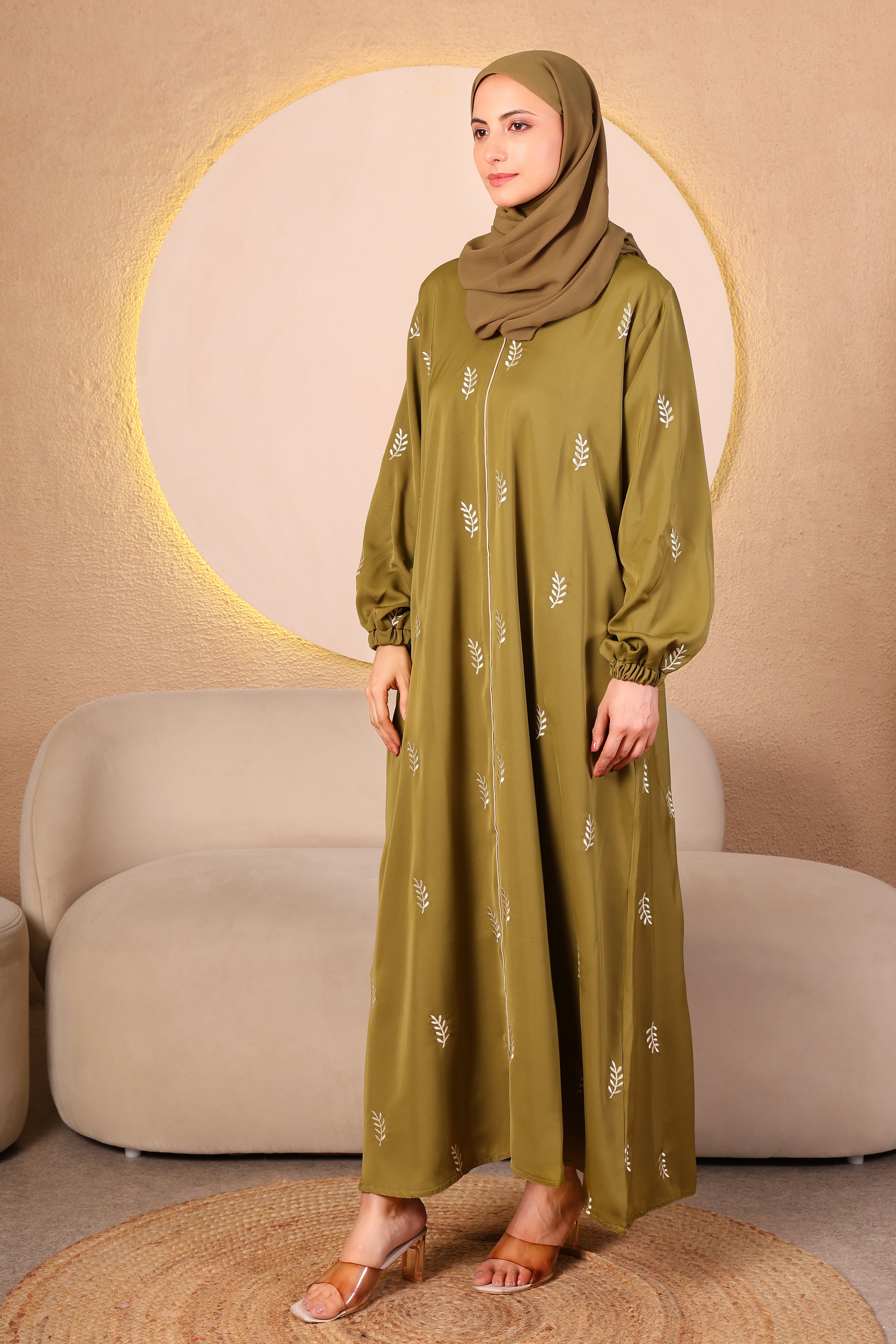 Zahra Leaf Abaya in Olive Green